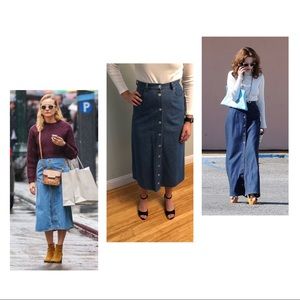 Long denim skirt with mother of pearl type buttons